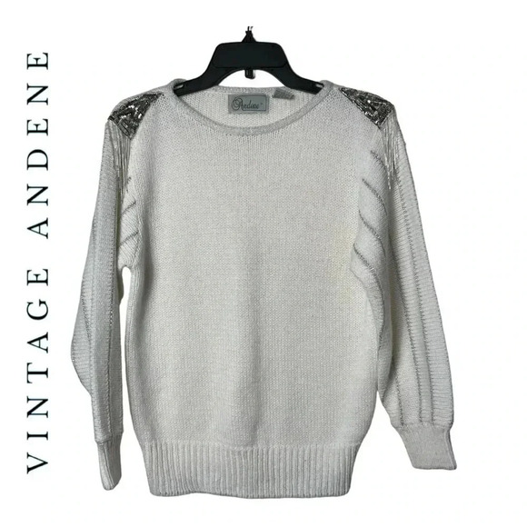 1479.‎ VINTAGE ANDENE LONG SLEEVE SEQUIN/BEADING SWEATER WHITE/SILVER IN COLOR - Picture 1 of 9